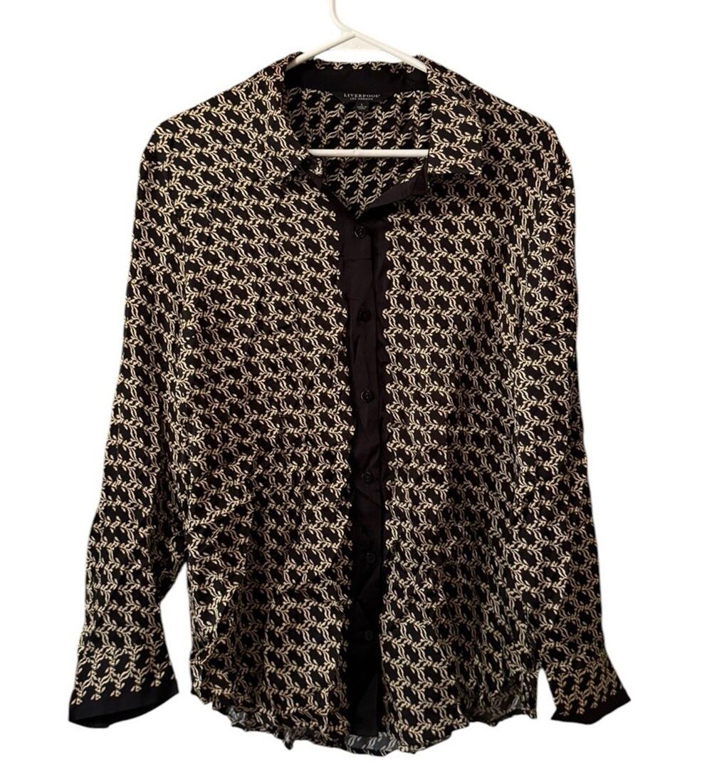 Liverpool Los Angeles Size Largeโ Women Career Casual Geo Button Black Tan Shirt